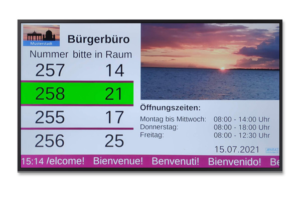 Anzeigebildschirm für Ihr Warteschlangenmanagement mit Multimediafenster